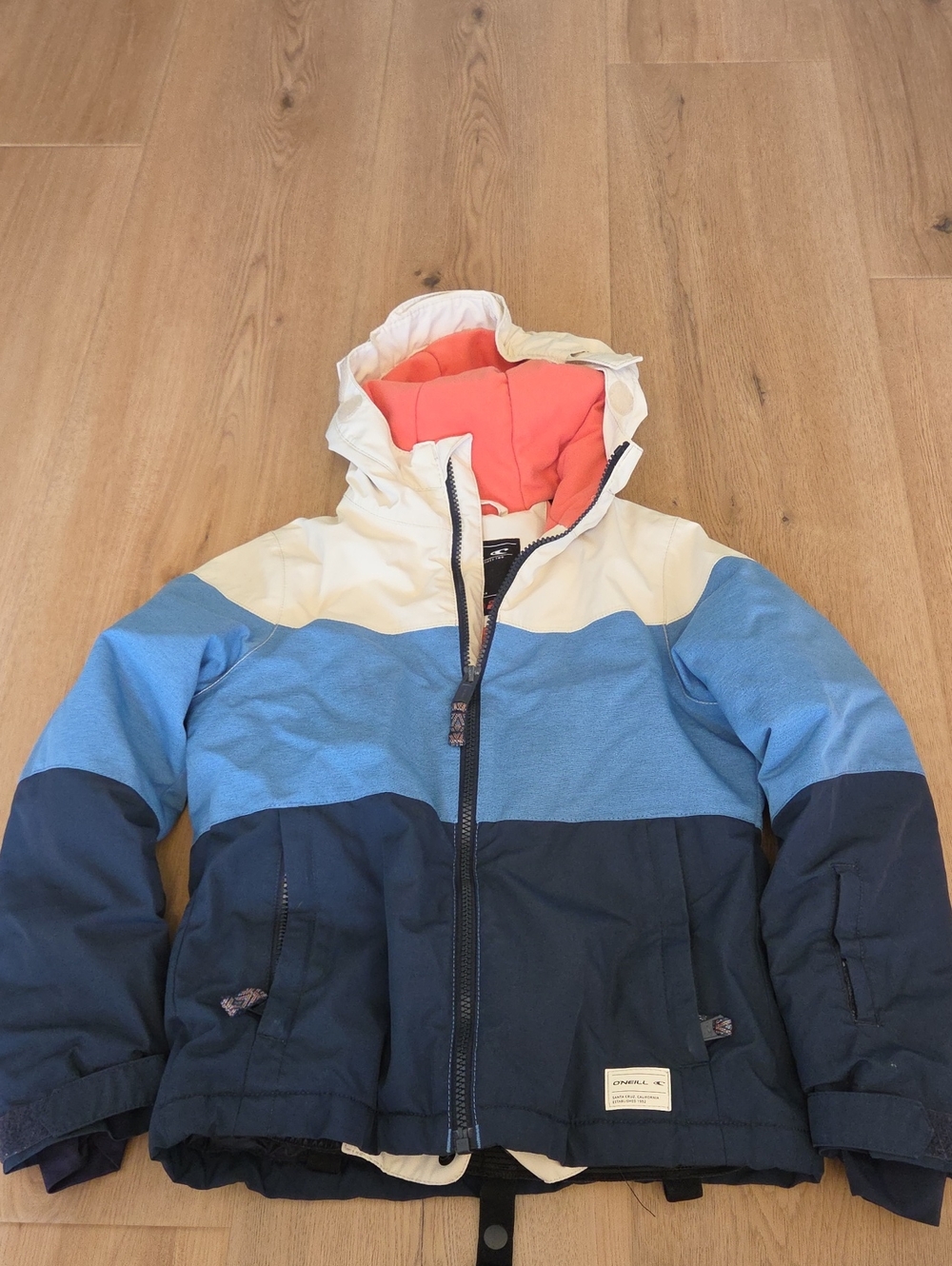 O'Neill Kids Colorblock Hooded Puffer Jacket - Navy/Blue/White with Coral Lining
